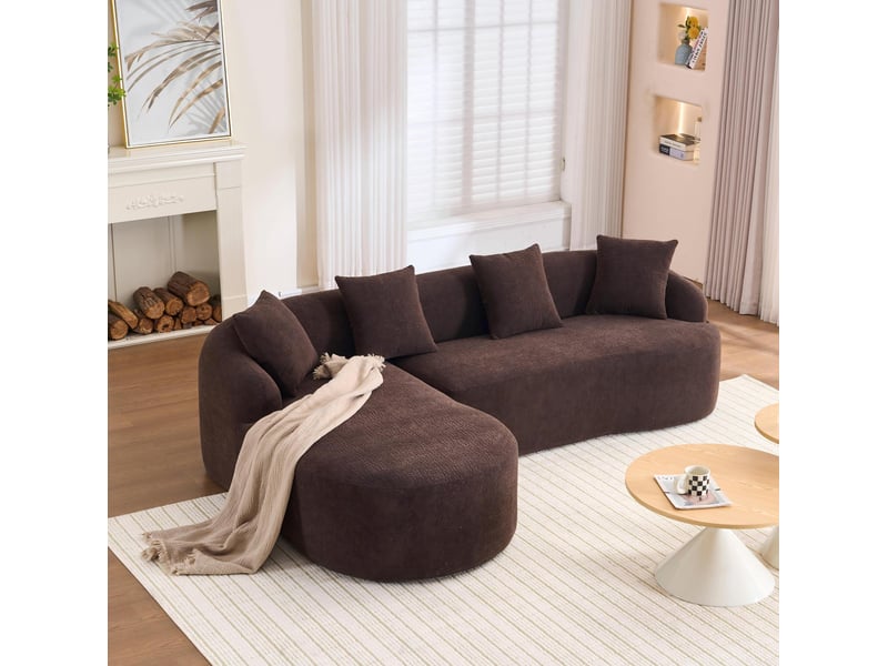  Canapé d'angle avec méridienne gauche, design courbé et montage sans outil en chenille marron 243 × 150 × 67 cm  - Conforama B