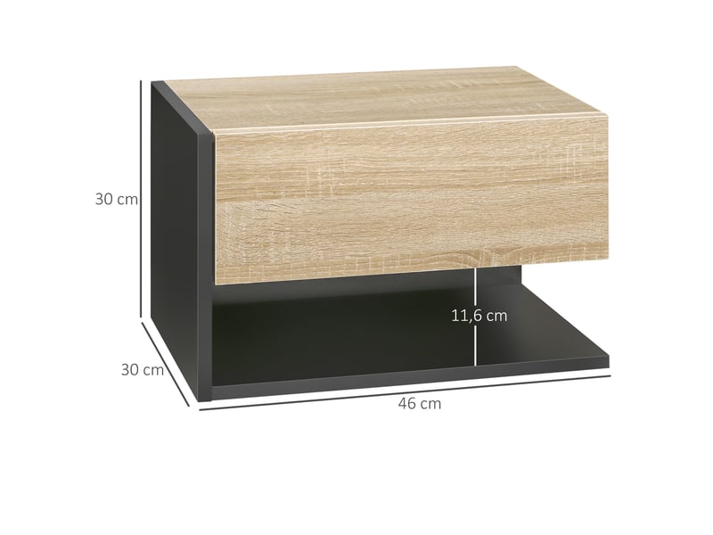  Ensemble de 2 tables de chevet suspendues, avec 1 tiroir et une étagère ouverte, 46 x 30 x 30 cm, chêne et noir  - Conforama E