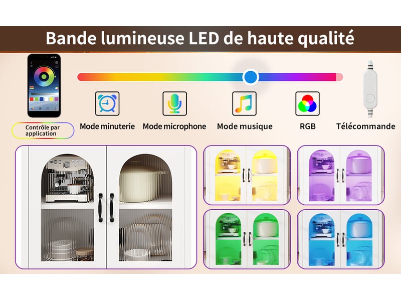  Desserte de cuisine extensible avec 2 tiroirs et led rgb en mdf 126–196×59×94 cm blanc  - Conforama C