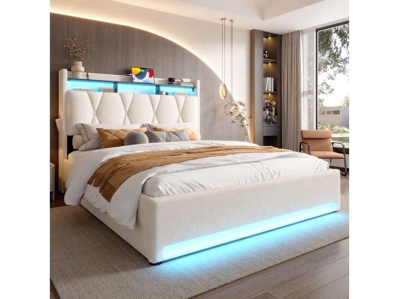  Lit coffre rembourré 140 x 200 cm, rangement hydraulique, tête de lit avec rangement, led, usb-c, velours, beige Bliss Lite - Conforama D
