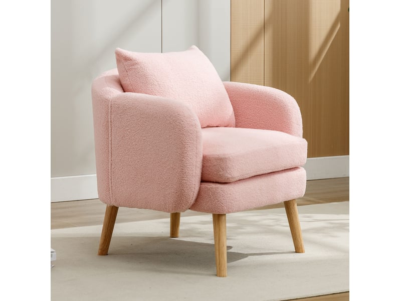  Fauteuil 71x72x79 cm, confortable et durable, accoudoirs avec coussins extra épais, pieds de soutien en bois, revêtement teddy rose  - Conforama E