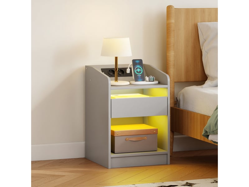  Table de chevet avec station de charge, éclairage led rgb, tiroir, étagère ouverte, ports usb et télécommande, 40 x 40 x 58 cm, grise  - Conforama D