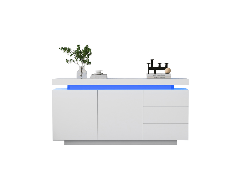 Buffet blanc avec led, 2 portes et 3 tiroirs - 140 x 35 x 72,5 cm - Conforama A