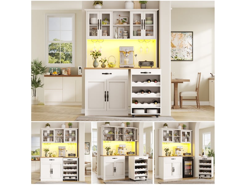 Buffet de cuisine 140x38x180 cm – blanc – chariot amovible, led réglable et range-bouteilles 9 bouteilles - Conforama B