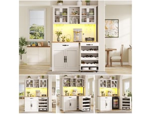 Buffet de cuisine 140x38x180 cm – blanc – chariot amovible, led réglable et range-bouteilles 9 bouteilles