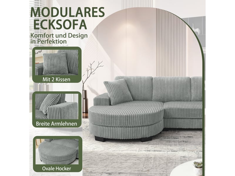  Canapé d'angle, canapé modulable, 4 places, en velours tricoté, gris, 2 coussins inclus, 256,5 x 133,5 x 89 cm, avec pouf  - Conforama E