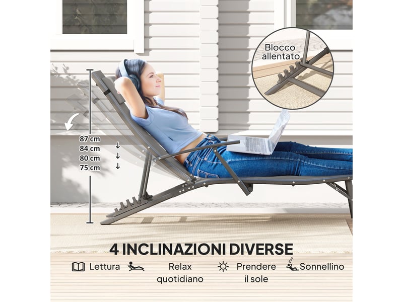  Ensemble de 2 chaises longues de jardin pliantes avec dossier réglable sur 4 niveaux et coussin, grises  - Conforama E