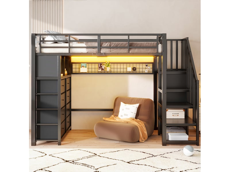  Lit mezzanine enfant 90 × 200 cm 1 place avec 8 tiroirs, led réglable et étagères, sans matelas, noir  - Conforama C