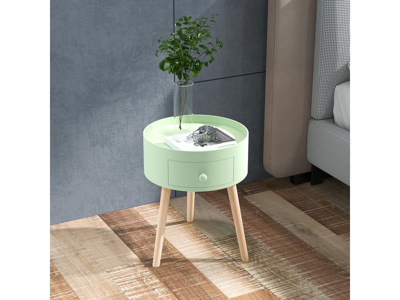  Table basse table de chevet table de nuit ronde design scandinave bout de canapé avec tiroir pieds effilés inclinés  - Conforama A