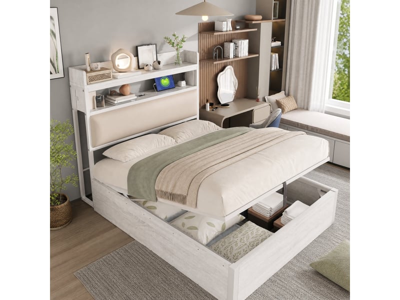  Lit coffre 90x200 cm rangement hydraulique, ports usb en métal bois et tissu blanc  - Conforama C