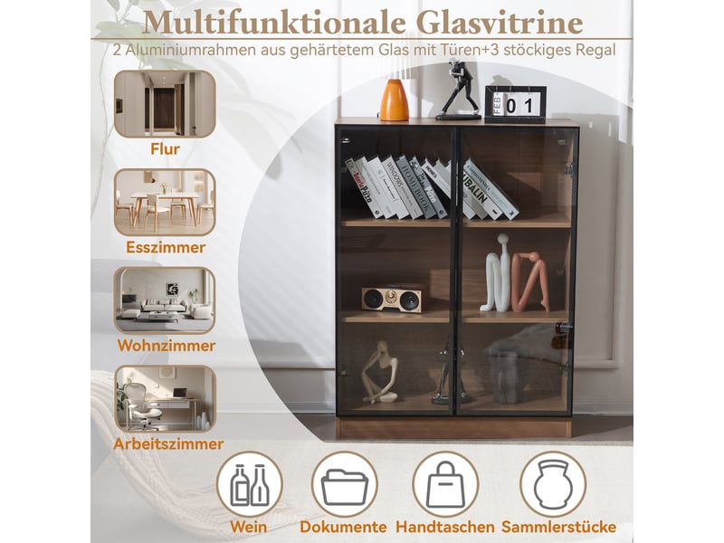  Vitrine naturel et bois foncé, verre, 80 × 30 × 106 cm, 3 étagères, portes vitrées et éclairage led pour salon  - Conforama E