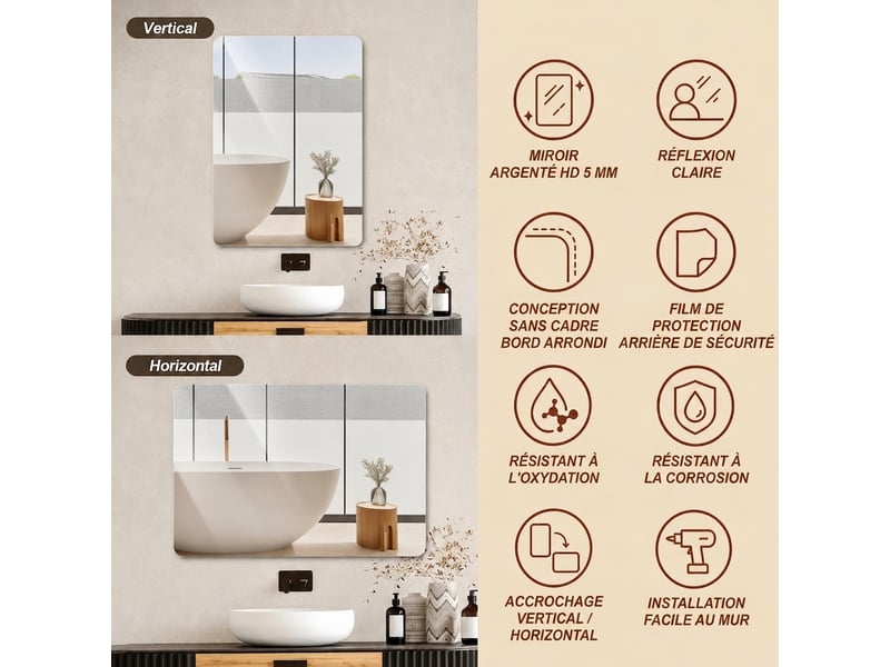  Miroir de salle de bain 60x100 cm mural sans cadre  - Conforama D