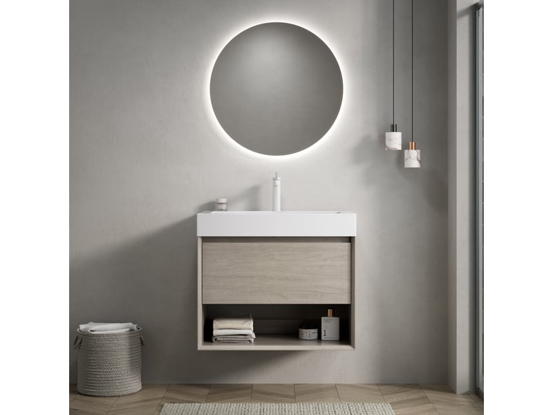  Meuble sous vasque suspendu avec vasque intégrée et tiroir - lpospi - résine et contreplaqué, chêne clair - 70 cm  - Conforama C