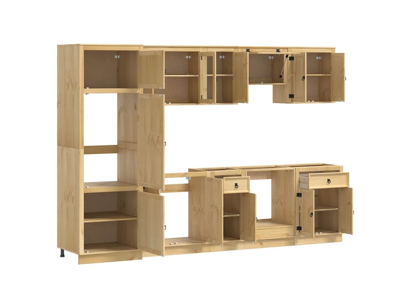 Buffet multifonction avec 2 tiroirs et 7 étagères 306 x 58 x 207 cm style moderne salle à manger en pin massif miel 02_0056022  - Conforama B