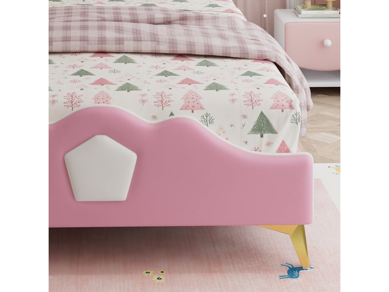  Lit enfant fille rembourré 90x200cm - tête de lit en forme de couronne - bord en mousse anti-collision - rose+blanc 208x95.5x104cm - Conforama W