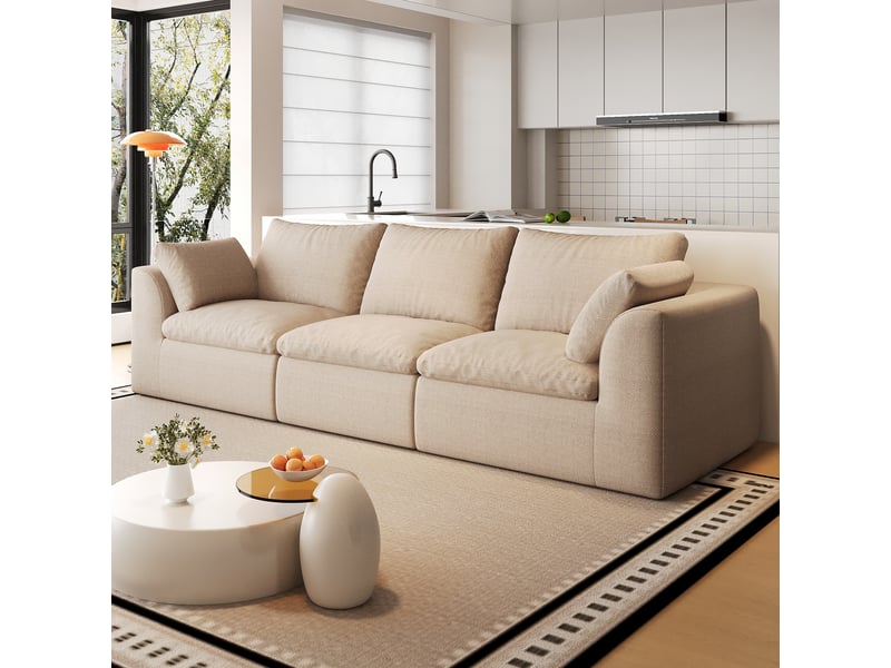  Canapé droit 3 places en tissu lin kaki, 245 cm, mousse compressée IKSETERA TRADING LTD - Conforama D
