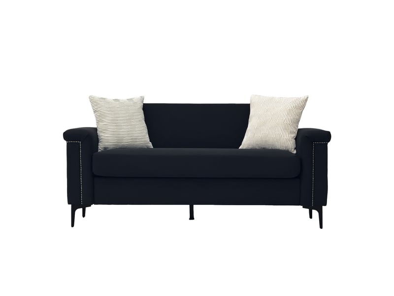  Canapé droit 2 places scandinave à ressorts ensachés  - accoudoirs cloutés et pieds métal, tissu lin noir  - Conforama A