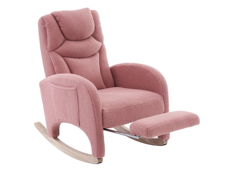  Fauteuil à bascule relax - 66x125x101 cm - avec repose-pieds pliable et têtière en tissu teddy bouclette pieds bois - rose  - Conforama A