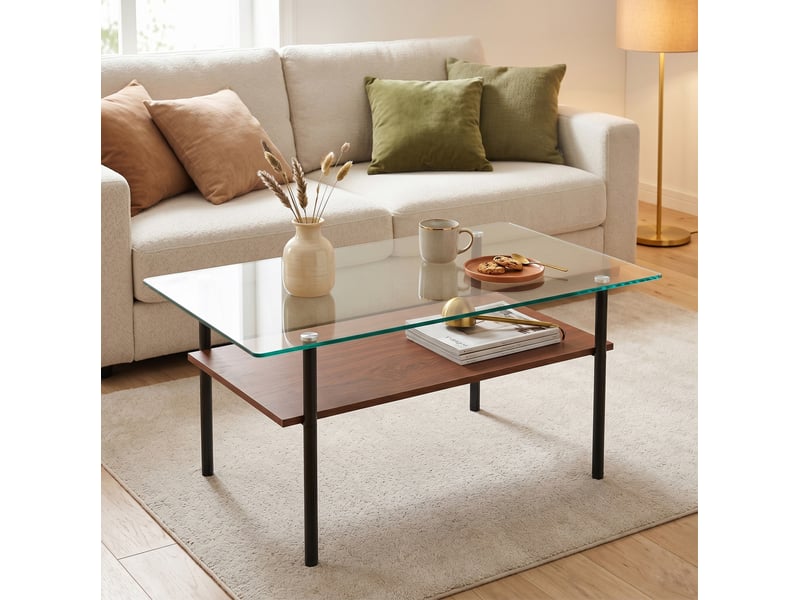 Table basse rectangulaire à 2 niveaux, verre trempé et mdf aspect bois, noir et marron, 97,70 x 57,70 x 45,00 cm  - Conforama D