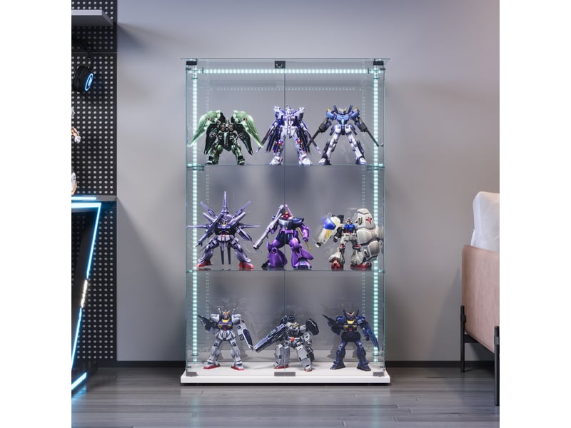  Vitrine en verre 3 niveaux double porte - blanc - 78,5 x 35 x 123,5 cm - armoire d'exposition avec ruban led et base blanche  - Conforama E