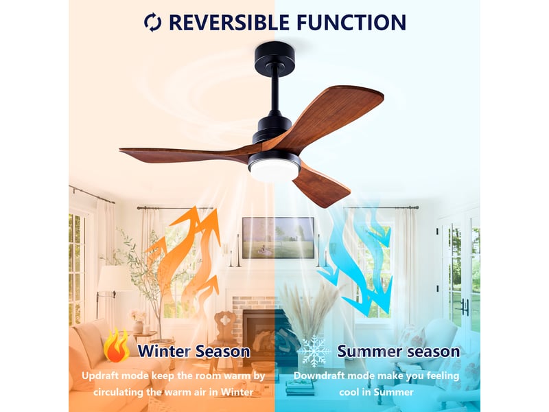 Ventilateur de plafond 107 cm éclairage led 3 couleurs dimmable bois massif noir et noyer foncé réversible télécommande silencieux - Conforama B