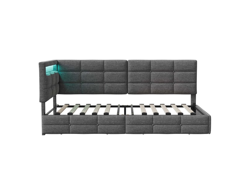  Lit jeune 90x200 avec rangement, lit simple pour adolescent avec led et usb lit banquette avec 2 tiroirs et tête de lit rembourrée gris lin, sans matelas  - Conforama W