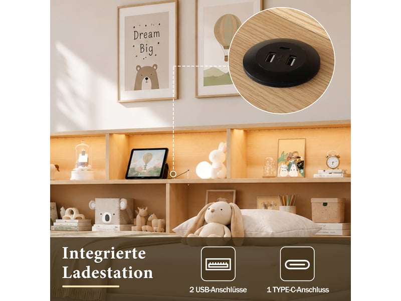  Lit gigogne 90x200 cm extensible 180 cm en velours gris avec led, usb, 2 tiroirs et dossier rembourré Morn Vibe - Conforama E