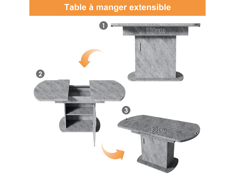 Table à manger extensible ovale 110-130 x 70 x 75 cm gris effet béton en panneau de particules avec rangement  - Conforama E