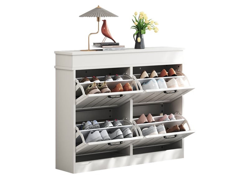  Meuble à chaussures blanc en mdf, rangement gain de place à 4 portes abattantes et 8 compartiments pour entrée, 105 x 24 x 83 cm  - Conforama A