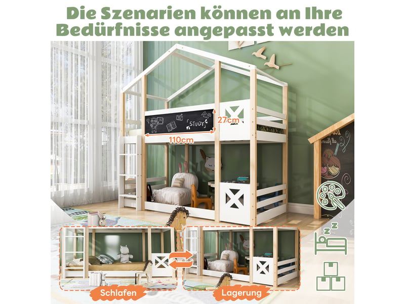  Lit superposé enfant 90x200 - lit cabane - tableau noir 110x27 cm - échelle - garde-corps - 2 sommiers à lattes - blanc et naturel  - Conforama C