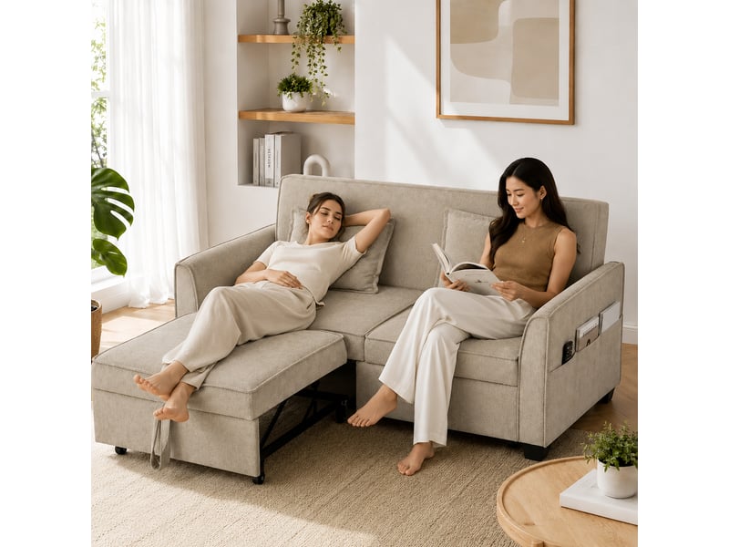  Canapé convertible 2 places dossier inclinable 2 coussins tissu chenille taupe  - Conforama D