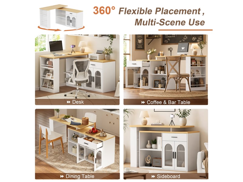 Îlot de cuisine blanc en mdf, plateau pivotant à 360°, format bar et buffet, rangement modulable, 136 × 50 × 78 cm - Conforama D