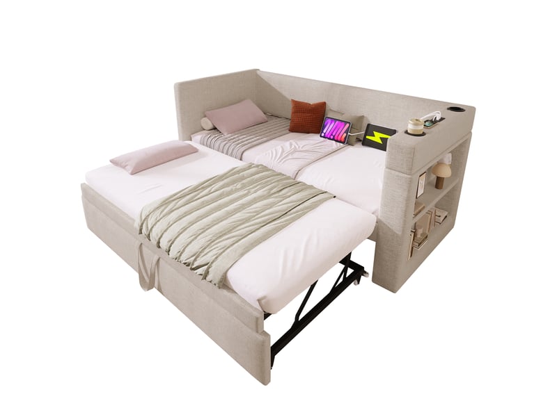  Lit gigogne 2 places 90×190 cm usb, type-c et porte-gobelets  - sans matelas, coton et lin - beige  - Conforama A