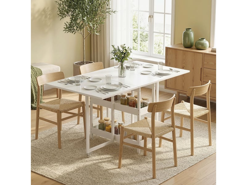 Table à manger pliante sur roulettes 4 personnes avec compartiments ouverts, pour petits espaces, blanc, salle à manger - Conforama D