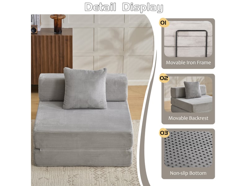  Canapé convertible, canapé-lit, 1 place, en velours tricoté, gris clair, pour salon, mobilier pour espace de vie, chambre  - Conforama E