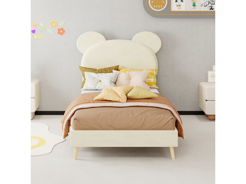  Lit enfant 90x200 cm avec tête de lit à motifs cartoon, lit simple avec sommier à lattes, lit simple rembourré, beige  - Conforama C