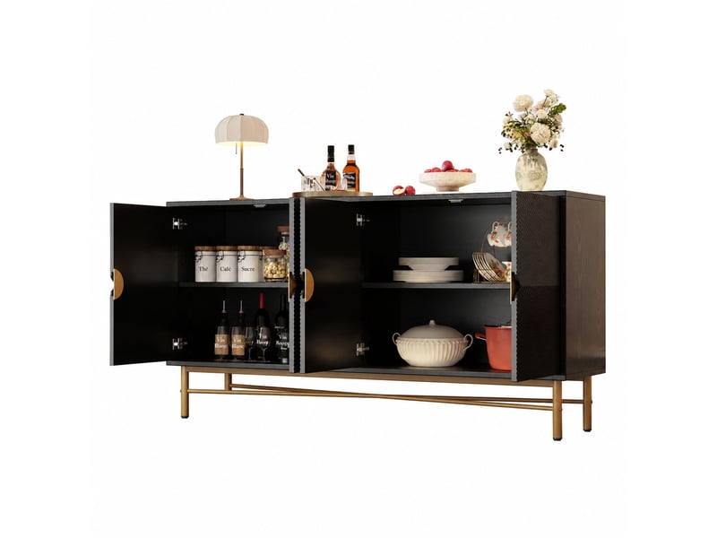  Buffet noir 4 portes à relief, fermeture amortie, poignées dorées brossées, 160 × 40 × 82 cm  - Conforama A