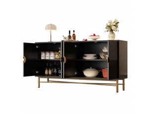 Buffet noir 4 portes à relief, fermeture amortie, poignées dorées brossées, 160 × 40 × 82 cm