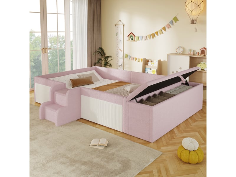  Lit capitonné 140x190 cm avec petit escalier et banc coffre mobile, bouclé, rose  - Conforama C