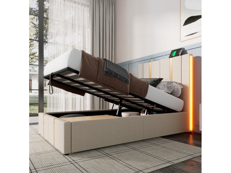  Lit simple 90x200 cm avec rangement, led et usb type-c, revêtement en lin beige avec matelas  - Conforama D