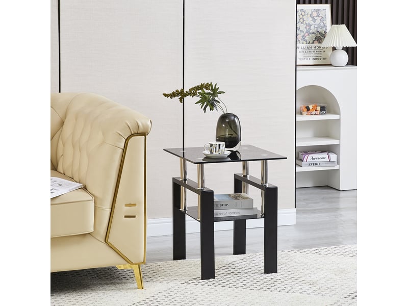  Table d'appoint 45 x 45 x 52 cm en verre trempé noir avec étagère inférieure, pieds en métal  - Conforama B