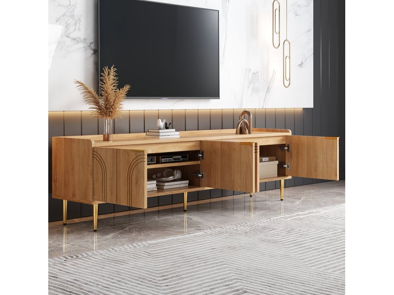  Meuble tv 170 x 35 x 47,5 cm en mdf naturel, portes sculptées et pieds dorés  - Conforama D