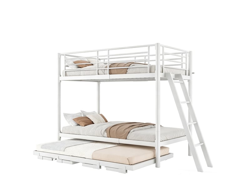 Lit superposé avec lit gigogne 90x200 cm en métal blanc, lit d’appoint coulissant, structure gain de place pour chambre enfant, sans matelas - Conforama A