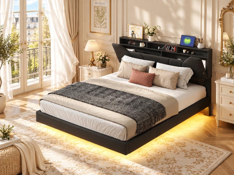 Lit coffre 140x200 cm - tissu lin gris avec led rgb, prises, étagère et rangement - Conforama B