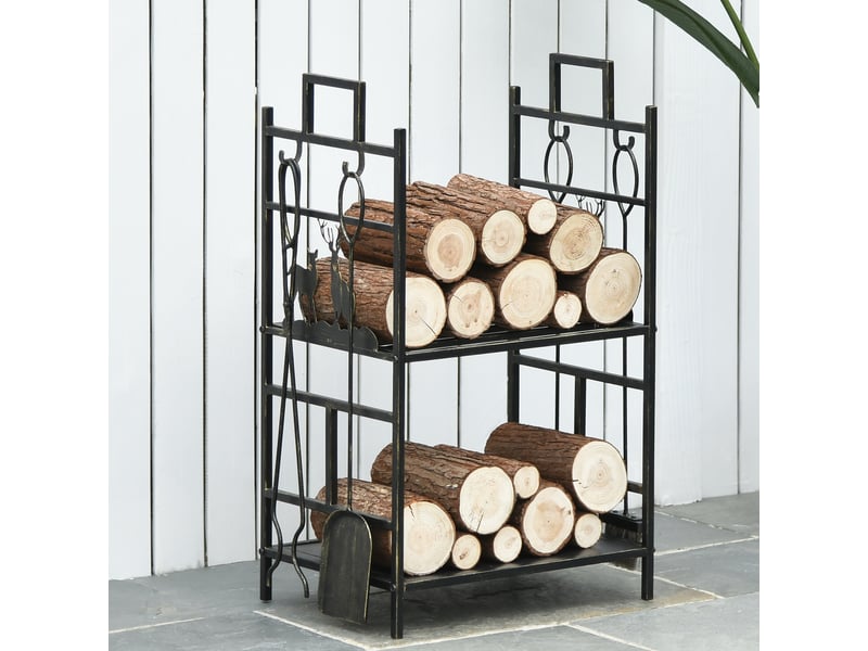 Porte-bûches avec quatre outils de cheminée, fer forgé à deux niveaux, 51,5 x 33 x 77 cm - Conforama C