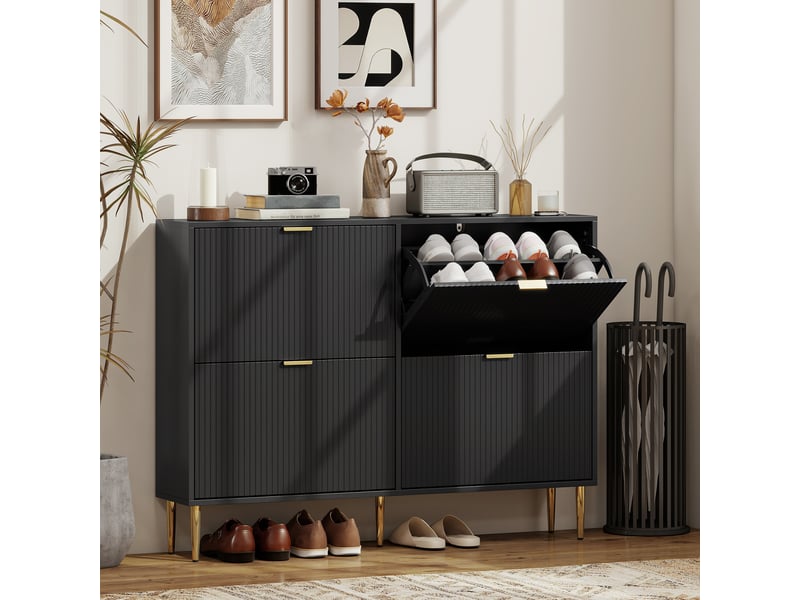 Meuble à chaussures 20 paires avec 4 tiroirs rabattables, portes cannelées et étagères réglables, 105x24x91,5cm, noir - Conforama B