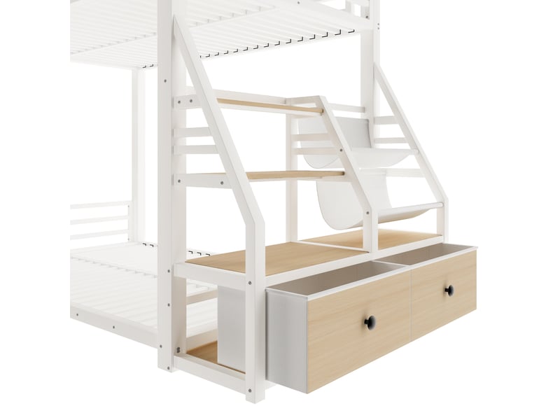 Lit superposé 2 × 90 × 200 cm, escalier à tiroirs et led, blanc - Conforama E