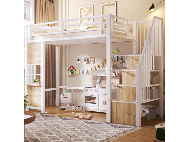 Lit superposé 90x200 cm, lit enfant, rangement, échelle sécurisée, barrière antichute, bois et métal blanc  - Conforama C