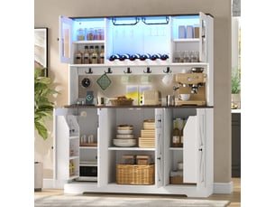 Buffet de cuisine haut 140x40x173 cm blanc avec led rgb, 2 prises + 2 usb, casier à vin et porte-verres