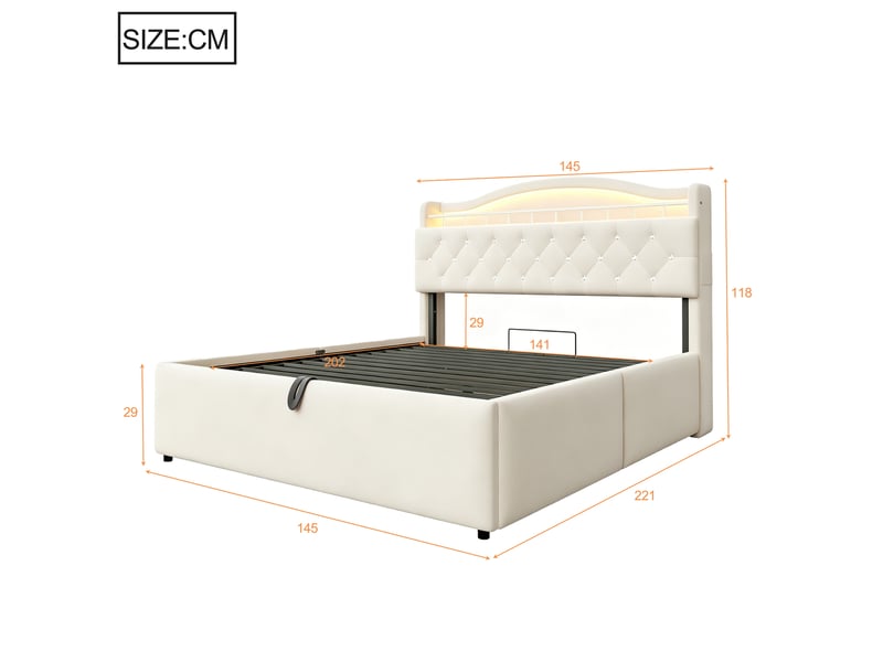  Lit coffre 140 × 200 cm, rangement hydraulique, tête avec étagères, led, usb-a et usb-c, sommier métal, velours beige  - Conforama C